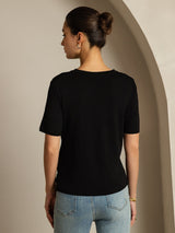 [Black] SilkSilky  100% High-Twist Silk Jersey Short Sleeve V Neck Women's T-Shirt 002