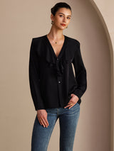 [Black] SilkSilky Long Sleeve Deep V Neck Women's Blouse 001
