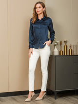[Dark Blue] SilkSilky  Long Sleeve Lapel Collar Women's Shirt 006