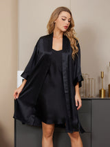 [Black] SilkSilky  3/4 Sleeve V Neck Nightgown&Robe Set 001