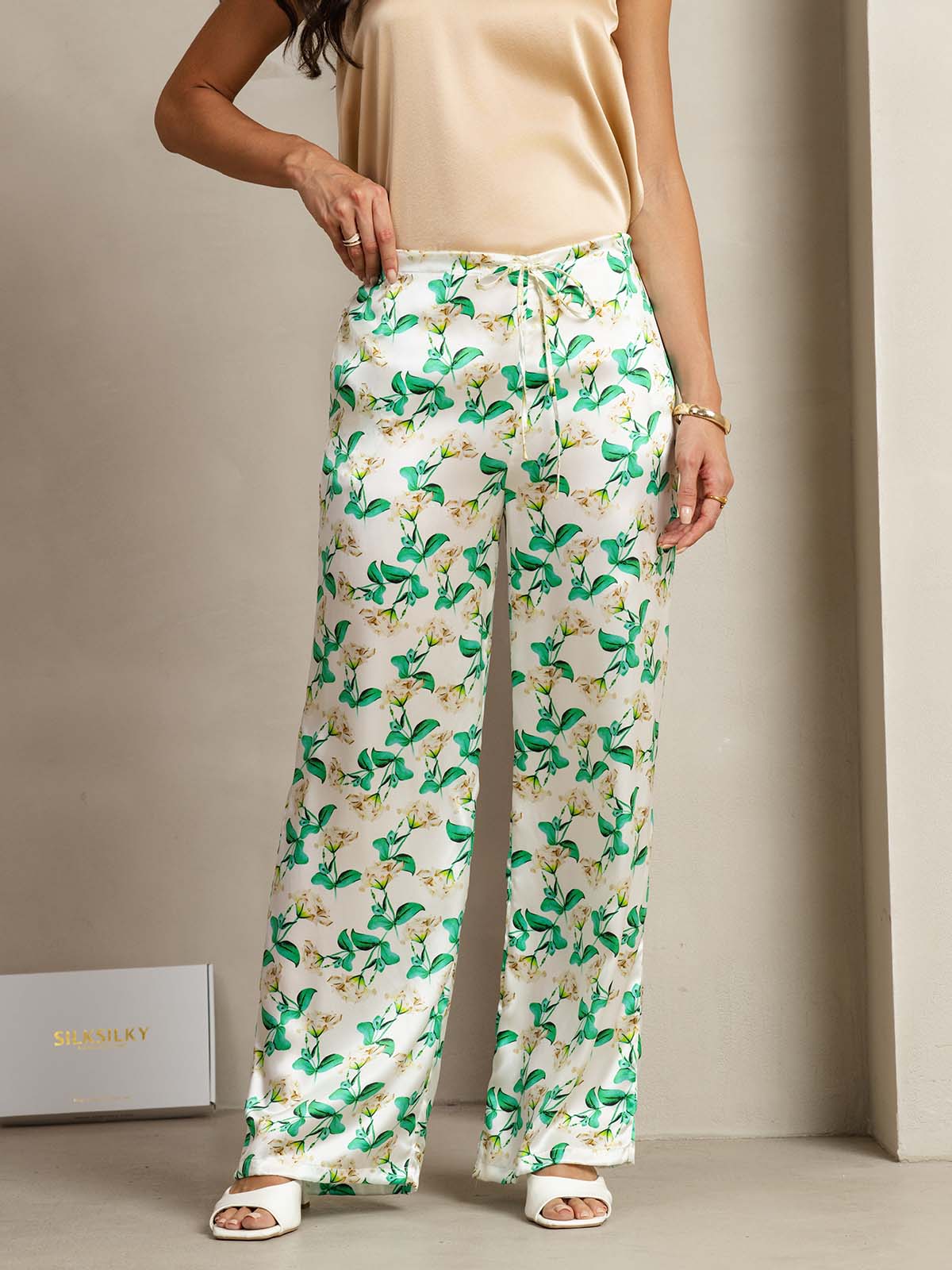 [Green Floral] SilkSilky  19Momme Silk Womens Pants 001