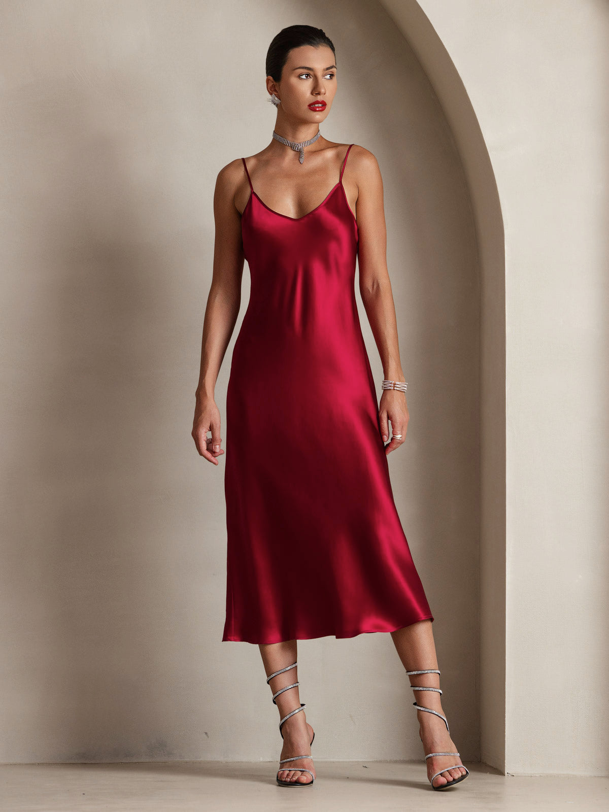 SilkSilky  Pure Silk Sleeveless Round Neck Dress Wine 006