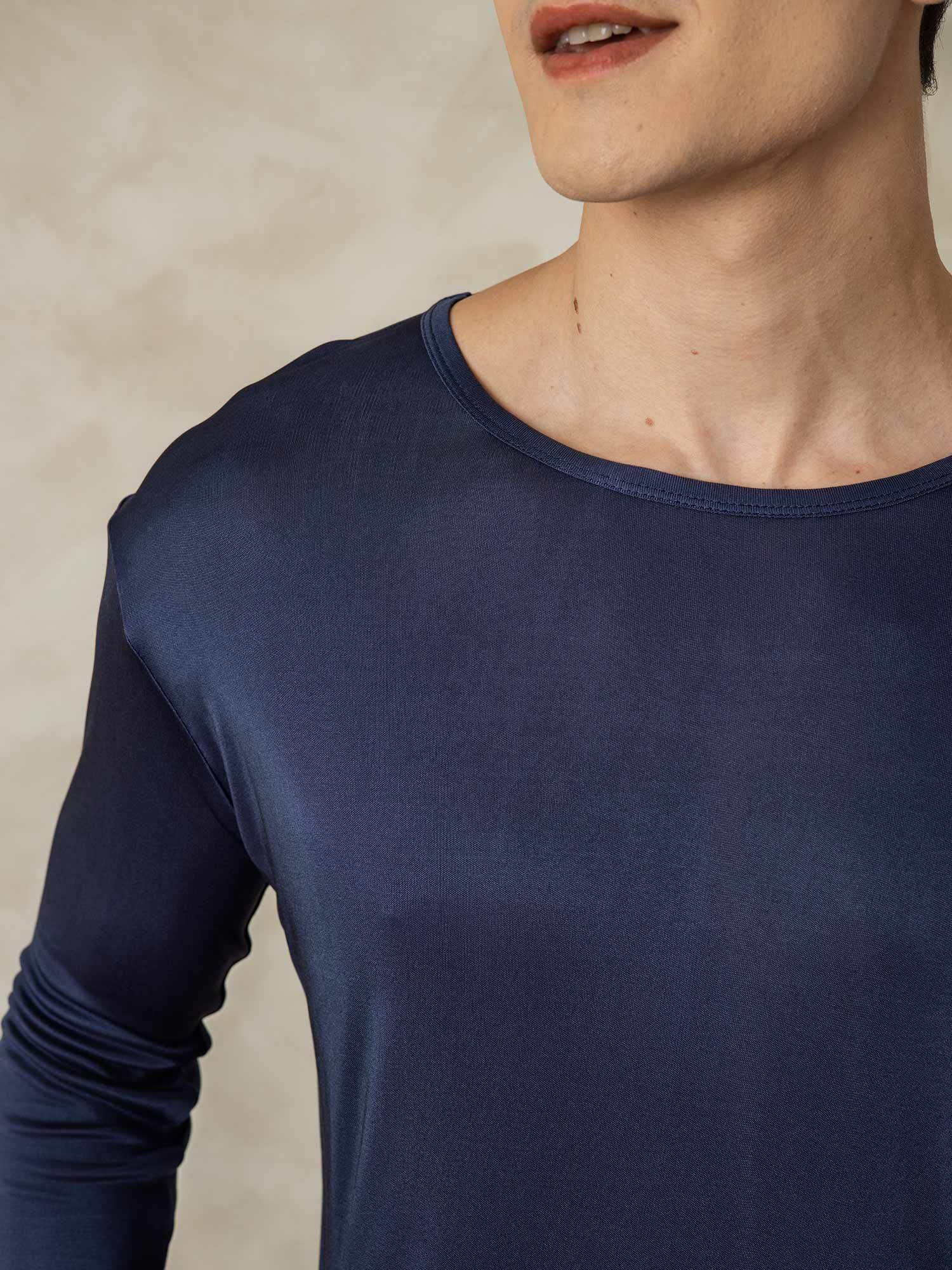 [DarkBlue] SilkSilky Silk Round Neck Men's Pajamas 004
