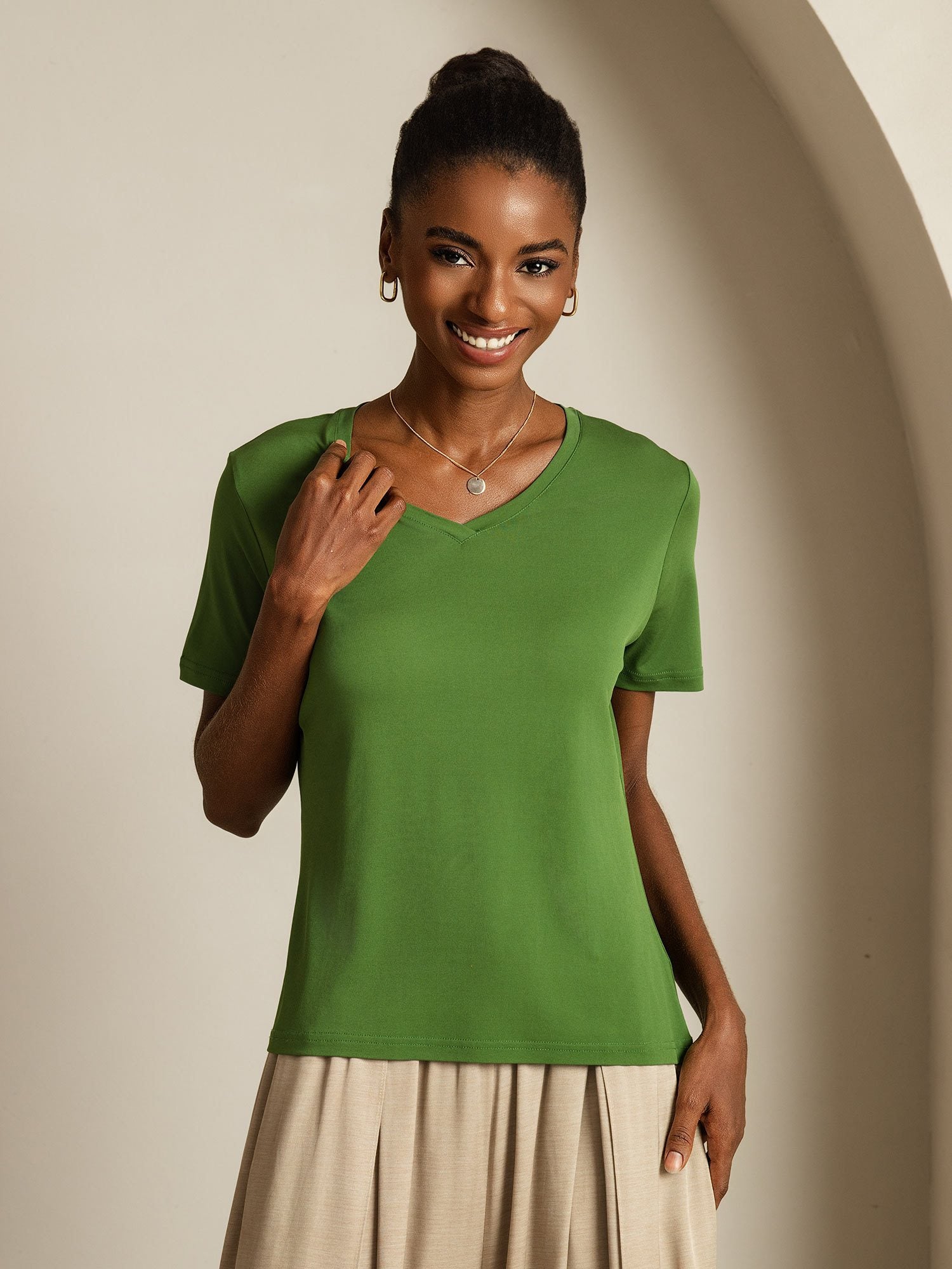 [Green] SilkSilky Pure Silk V Neck Women's T-Shirt 005