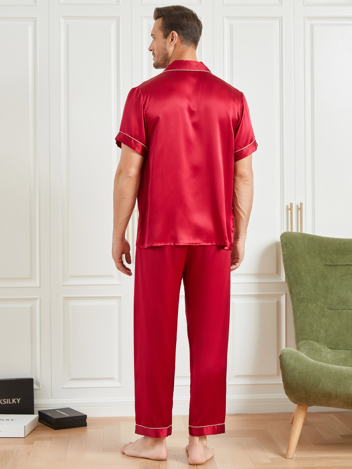 [Red] SilkSilky  19Momme Short Sleeve Men's Pajamas 002
