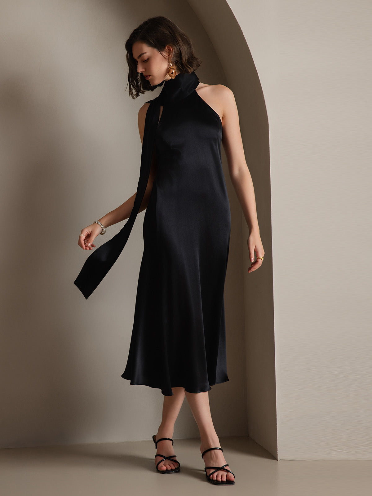 silk dress tie SilkSilky 19Momme Silk Sleeveless Tie Neck Midi Dress, Black / M(8/10)