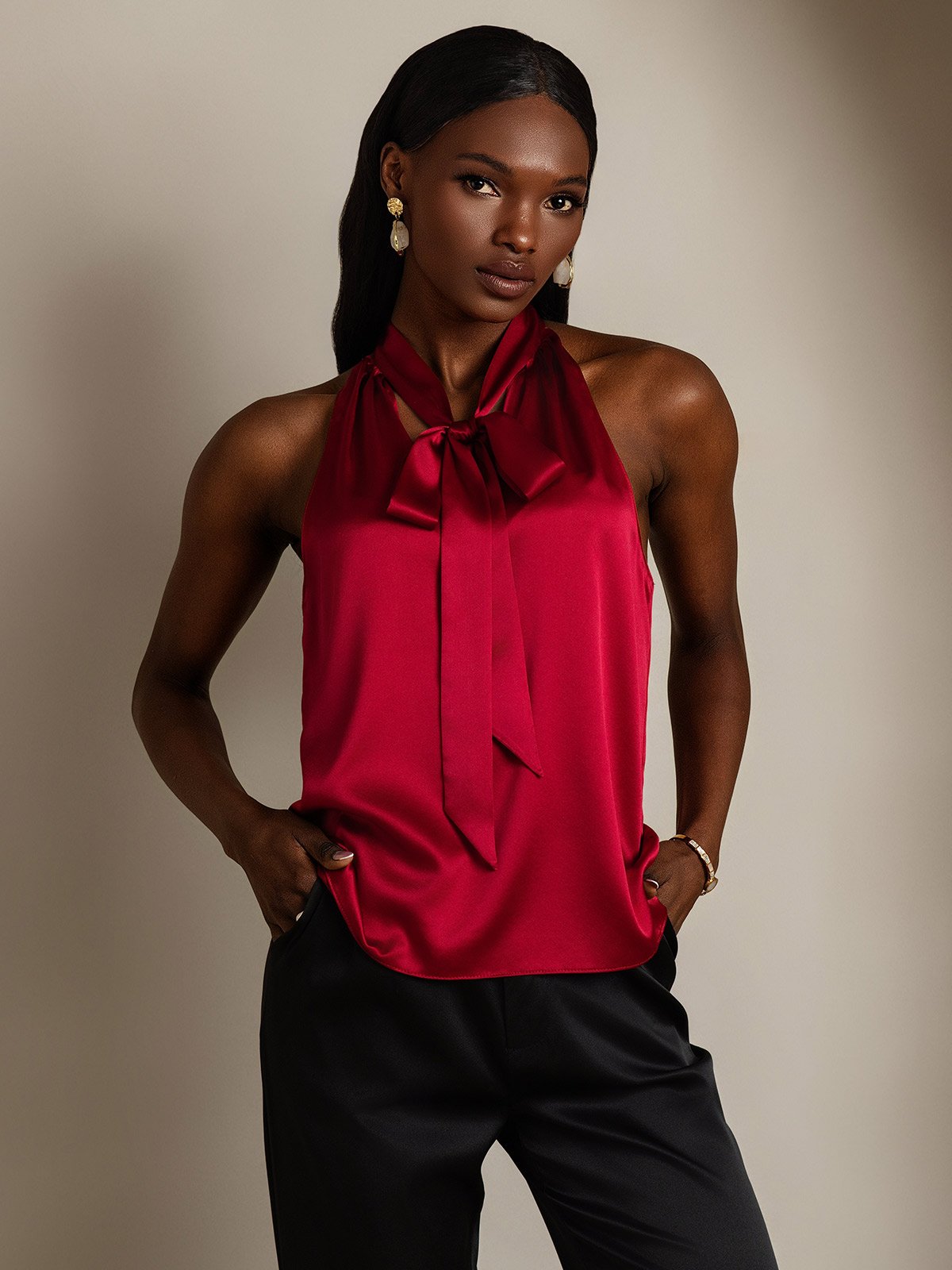SilkSilky  19Momme Silk Sleeveless Tie Neck Women's Shirt Wine 003