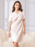 SilkSilky US Pure Silk Short Sleeve V Neck Nightgown White 003