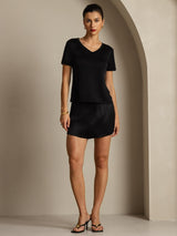 [Black] SilkSilky  Short Sleeve V Neck Women's T-Shirt 008