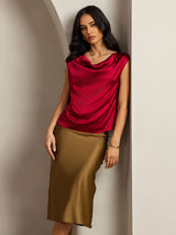 [Wine] SilkSilky  19Momme Stretch Silk Charmeuse Cap Sleeve Cowl Neck Women's T-Shirt 001
