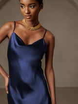 [Dark Blue] SilkSilky  Spaghetti Strap Cowl Neck Dress 007