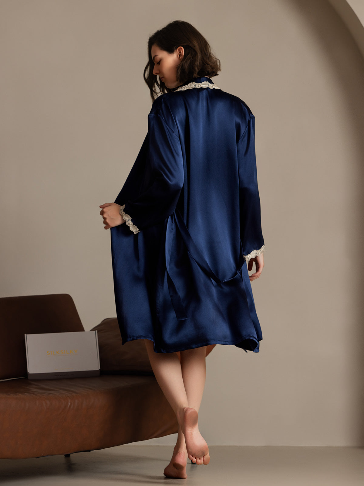 SilkSilky  Pure Silk Long Sleeve V Neck Women's Robe DarkBlue 002