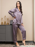 SilkSilky  Pure Silk Long Sleeve Lapel Women's Pajamas PurpleGray 005