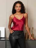 SilkSilky  Pure Silk Sleeveless V Neck Camisole Top DarkRed 003