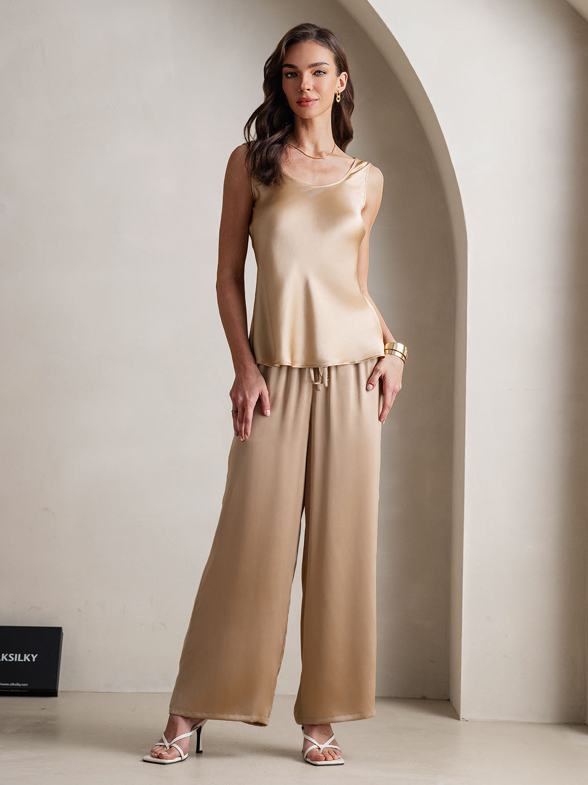 [Champagne] SilkSilky  Pure Silk Boat Neck Camisole Set 004