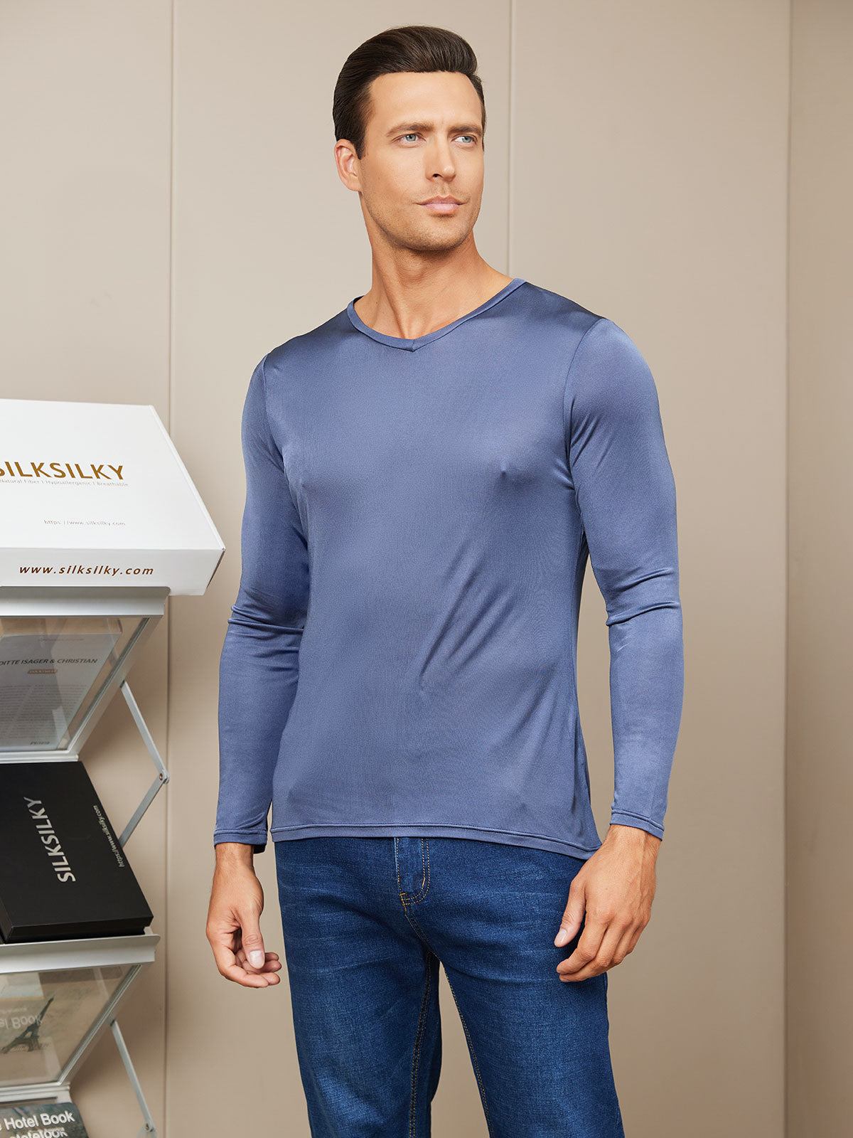 SilkSilky US Silk Knitted Long Sleeve V Neck Men's T Shirt DarkBlue 001