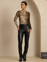 Women’s wild animal print silk jersey mock neck top with long sleeves