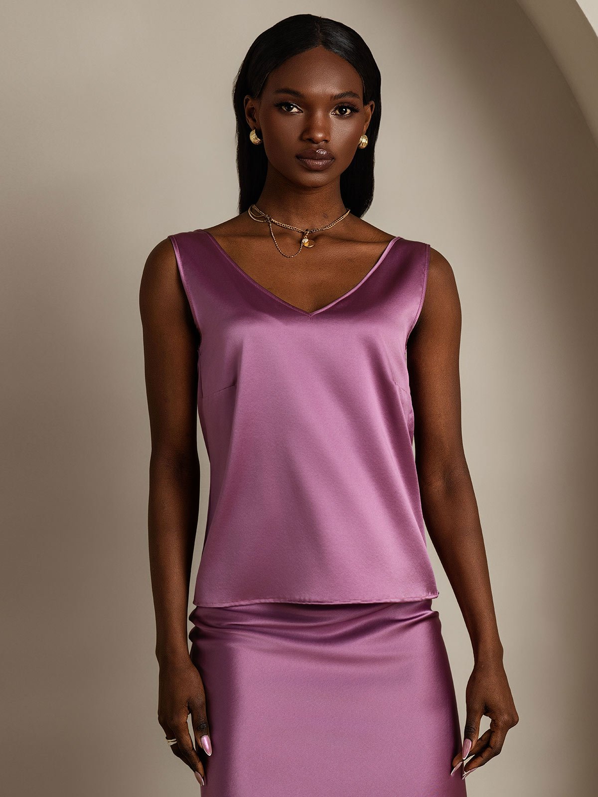 [Deep Purple] SilkSilky  19Momme Silk Sleeveless V Neck Camisole Top 001