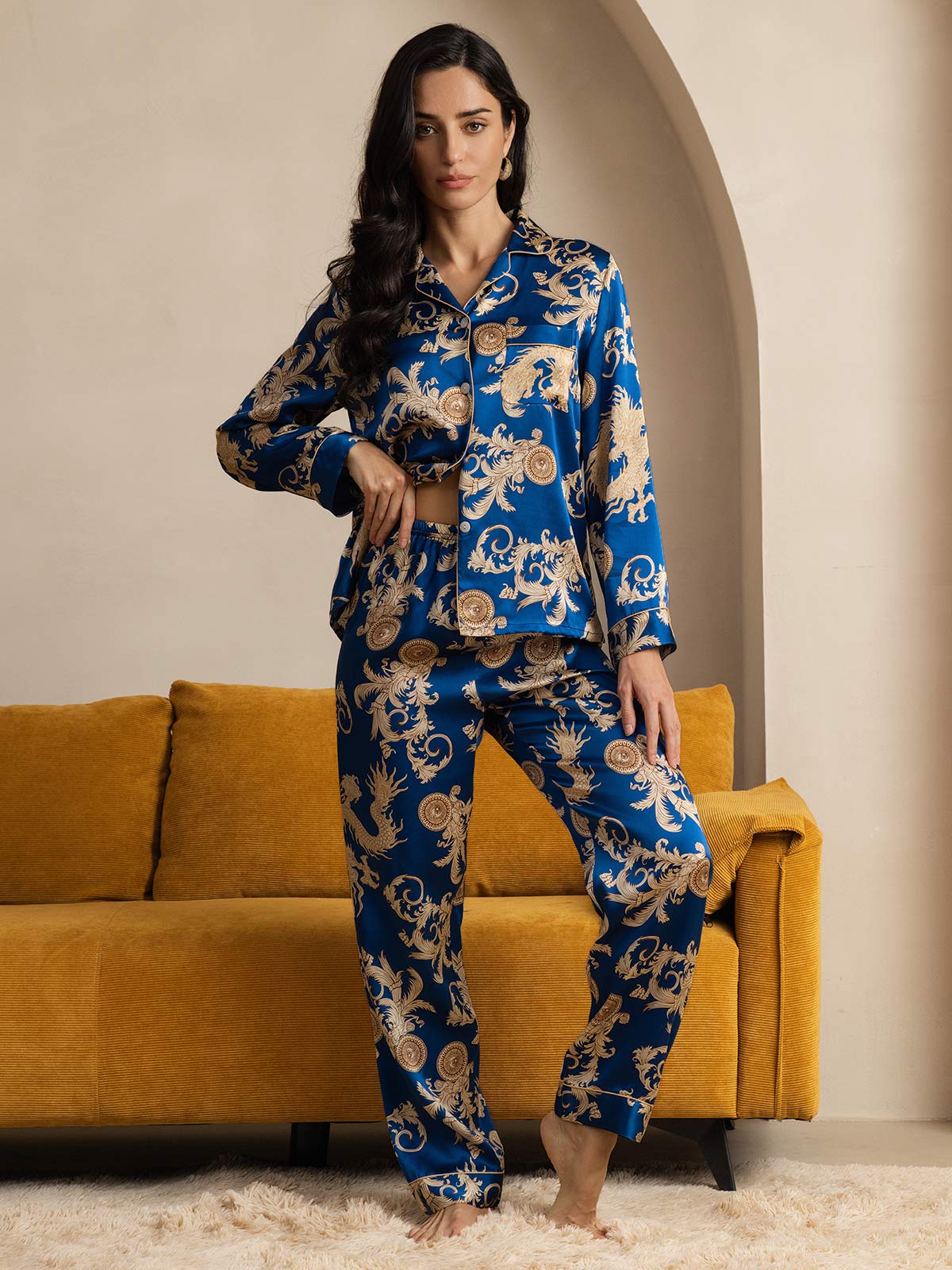 SilkSilky  Pure Silk Long Sleeve Lapel Women's Pajamas Blue 004