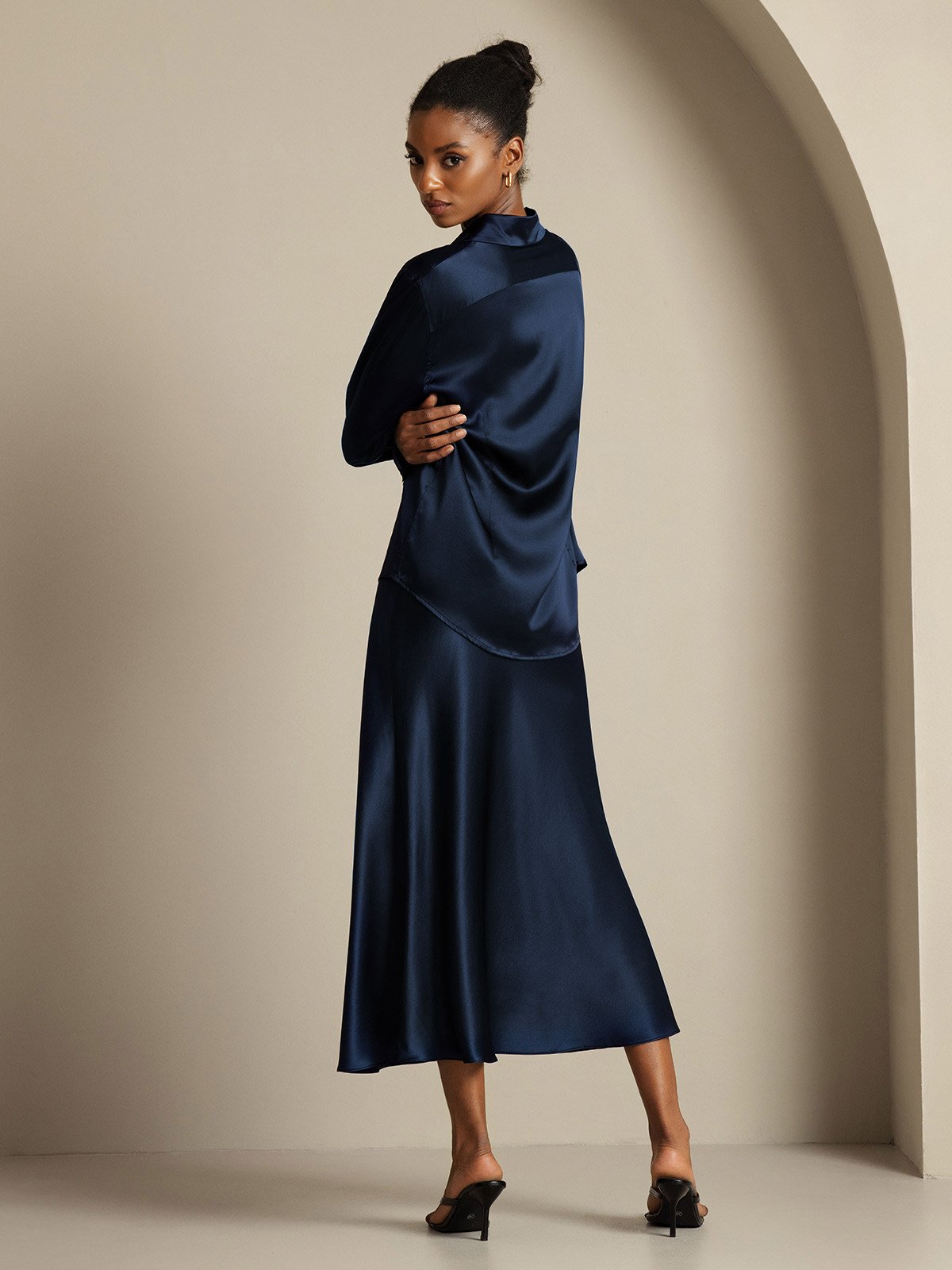 [Dark Blue] SilkSilky  19Momme Silk Lapel Collar Women''s Outfit Sets 005,