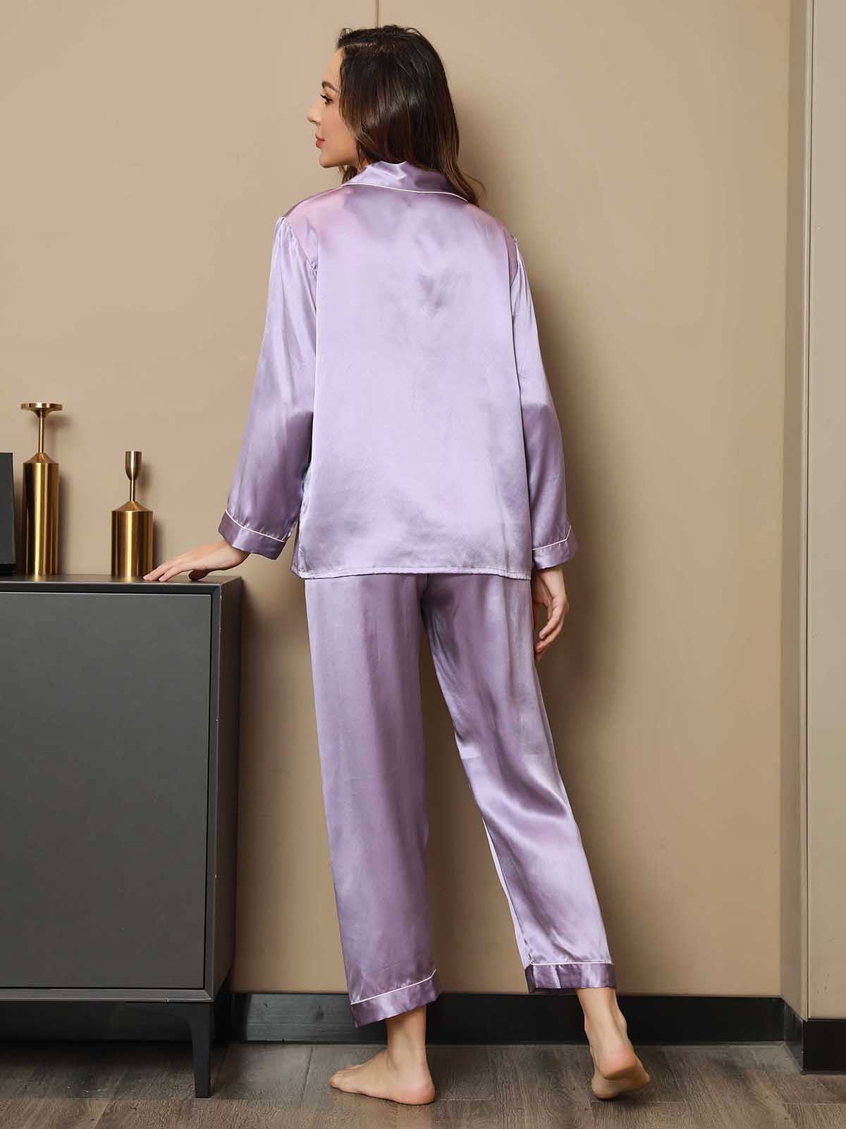 SilkSilky US Pure Silk Long Sleeve Lapel Women's Pajamas Lavender 002