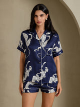 [Navy Cheetah] SilkSilky  Short Sleeve Notch Collar Women's Pajamas 004