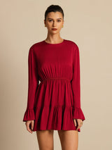 [Wine] SilkSilky  19Momme Silk Long Sleeve Round Neck Dress 005