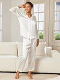 SilkSilky US Pure Silk Long Sleeve Lapel Women's Pajamas White 005