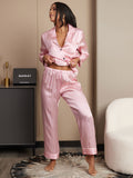 SilkSilky US 19Momme Pure Silk Long Sleeve Lapel Women's Pajamas Pink 004