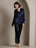 SilkSilky US 19Momme Silk Blend Long Sleeve V Neck Women's Shirt DarkBlue 005