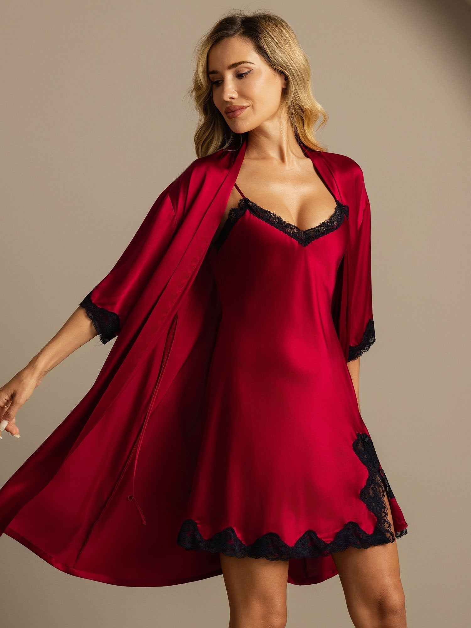 [Wine] SilkSilky Pure Silk V Neck Nightgown&Robe Set 004