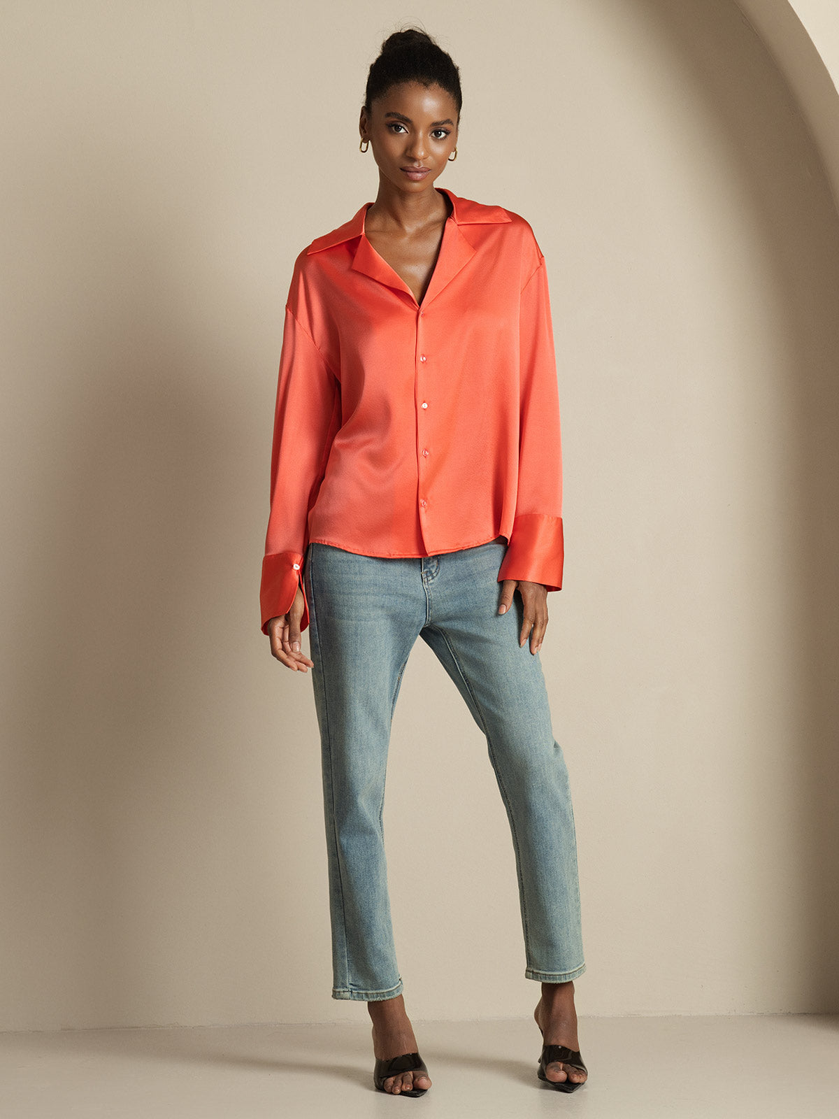 [Imperial Red] SilkSilky  19Momme Silk Notch Collar Women's Shirt 008