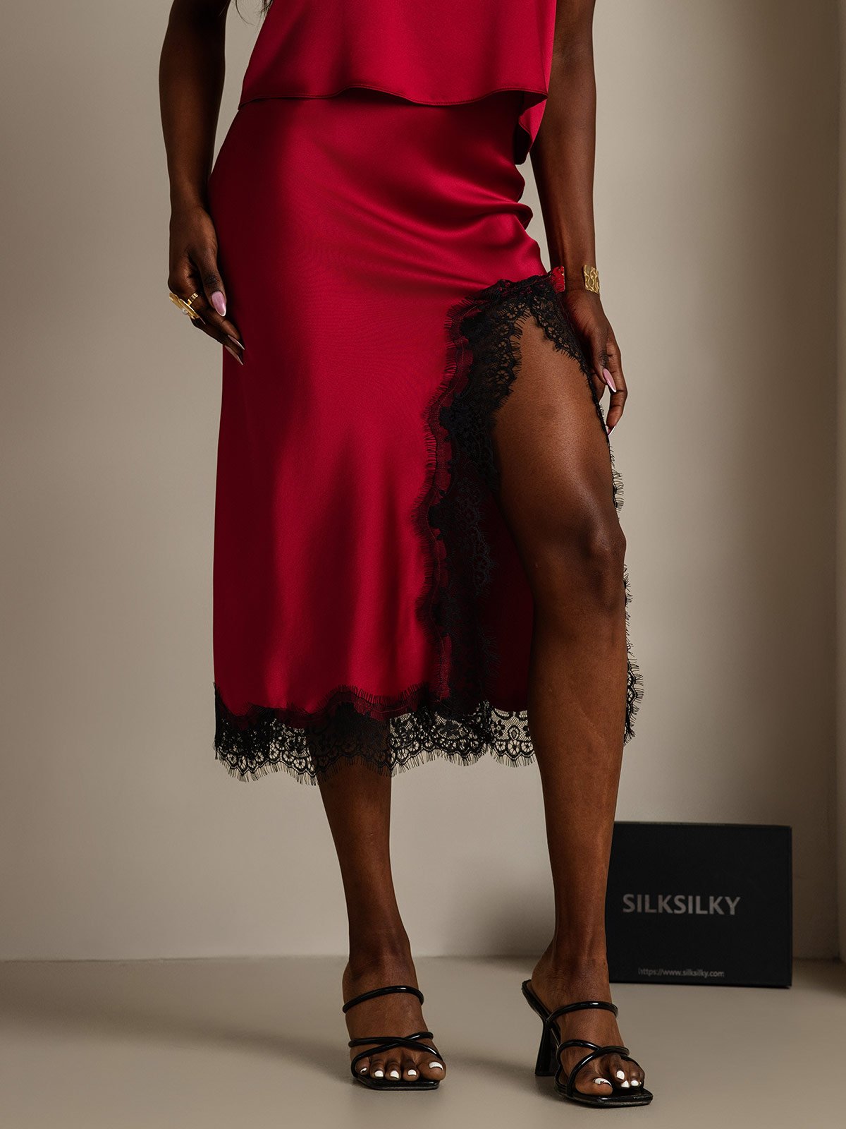 [Wine] SilkSilky  19Momme Silk Split Skirt 007