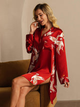 [Dark Red] SilkSilky  19Momme Long Sleeve Notch Collar Nightshirt 007