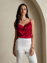 [Wine] SilkSilky  19Momme Stretch Silk Charmeuse Spaghetti Strap Cowl Neck Camisole Top 005