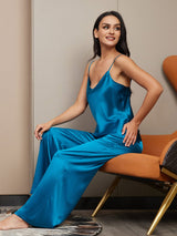 [Teal] SilkSilky  Spaghetti Strap V Neck Camisole Set 005