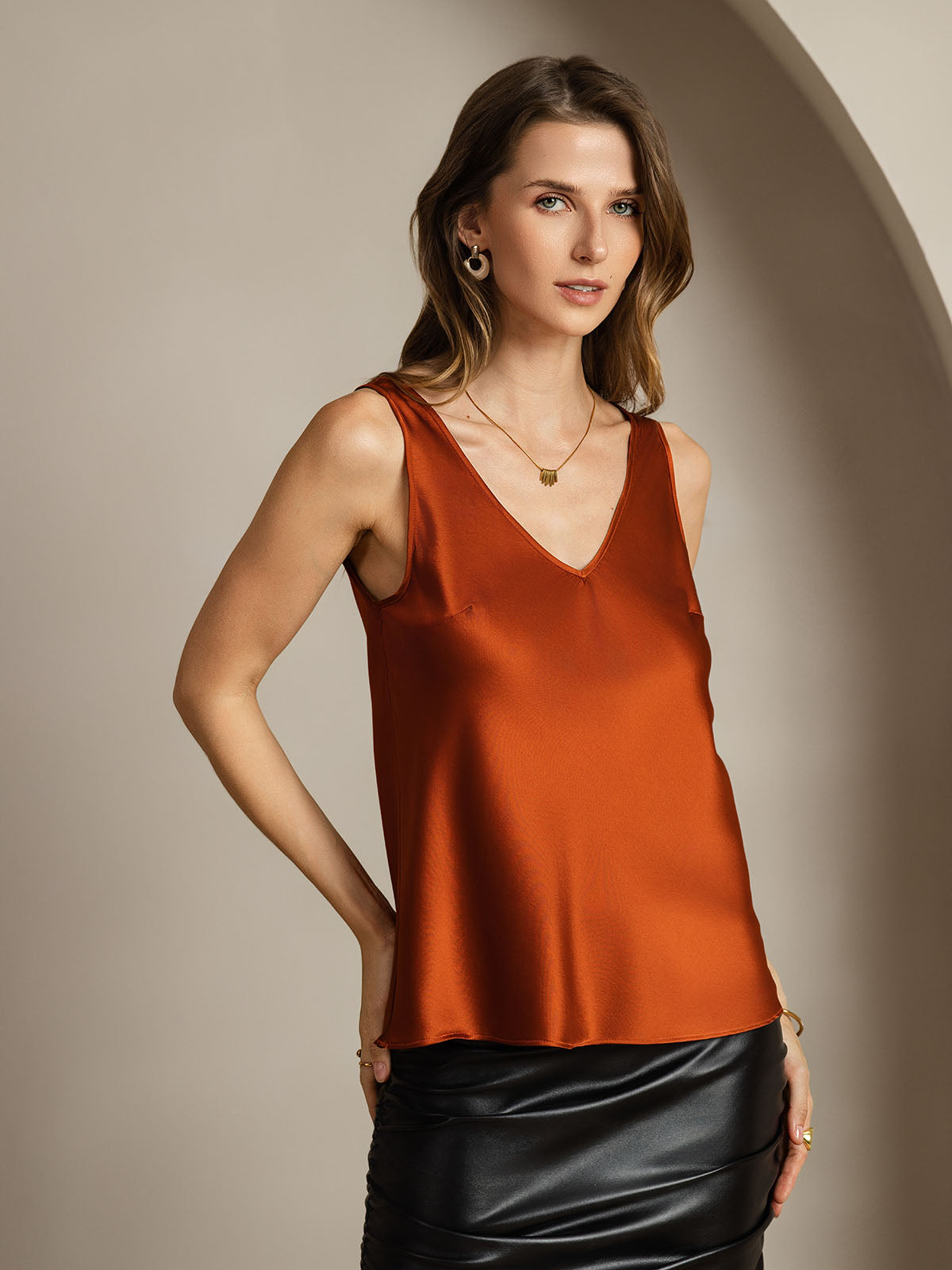 [Caramel] SilkSilky  19Momme Silk Sleeveless V Neck Camisole Top 002