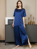 SilkSilky US Pure Silk Short Sleeve Round Neck Women's Pajamas DarkBlue 003