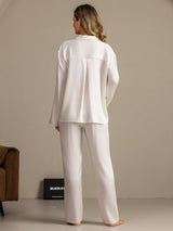 [White] SilkSilky  19Momme Machine-Washable Silk Long Sleeve Notch Collar Women's Pajamas 002