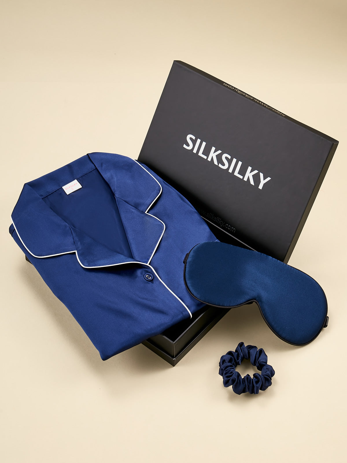 SilkSilky US Pure Silk Short Sleeve Lapel Women's Pajamas DarkBlue 001