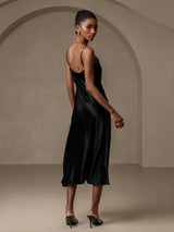 [Black] SilkSilky  Spaghetti Strap Cowl Neck Dress 002
