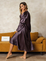 [Purple Gray] SilkSilky  Long Sleeve V Neck Nightgown&Robe Set 002