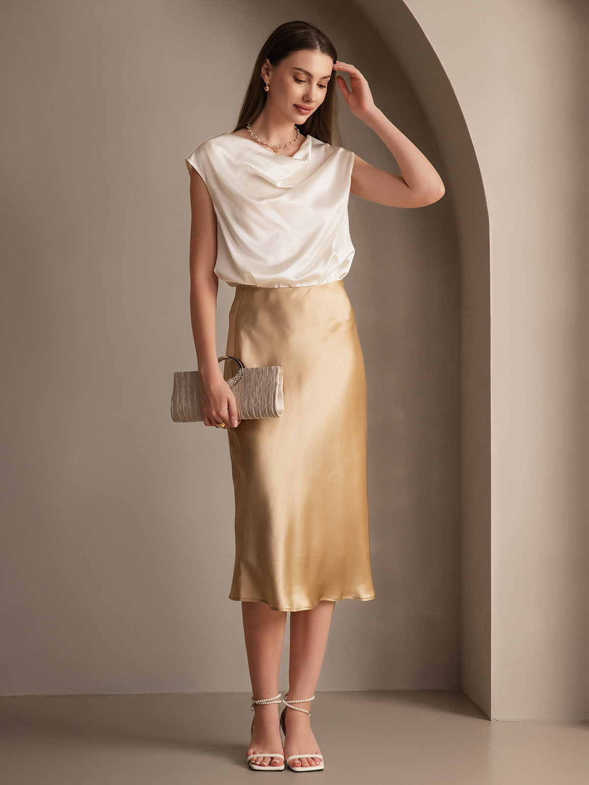 [Champagne] SilkSilky  19Momme Pure Silk Skirt 005