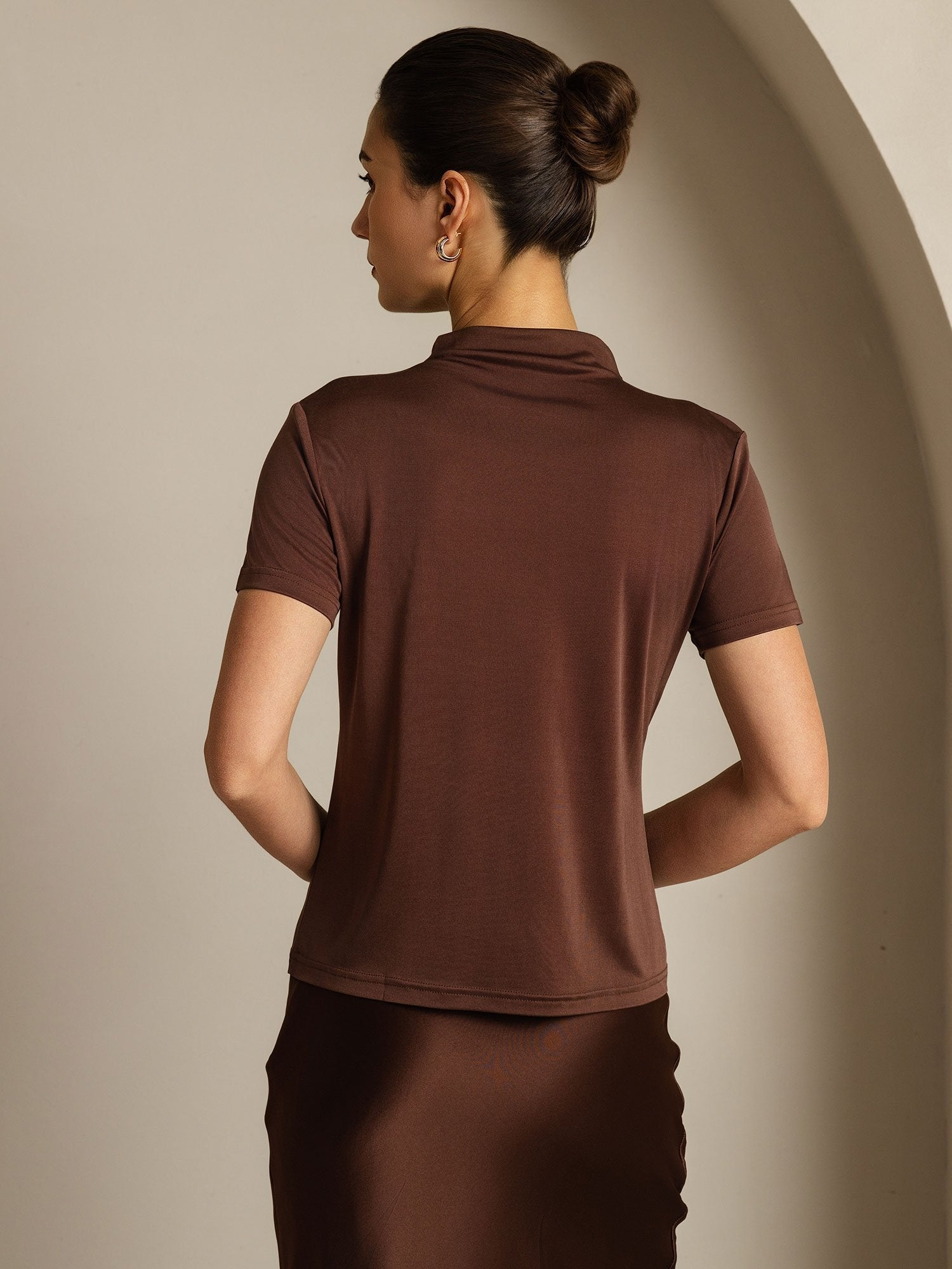 [Coffee] SilkSilky  Pure Silk Collar Women's T-Shirt 002