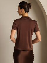 [Coffee] SilkSilky  100% Silk Jersey Short Sleeve Mock Neck Women's T-Shirt 002