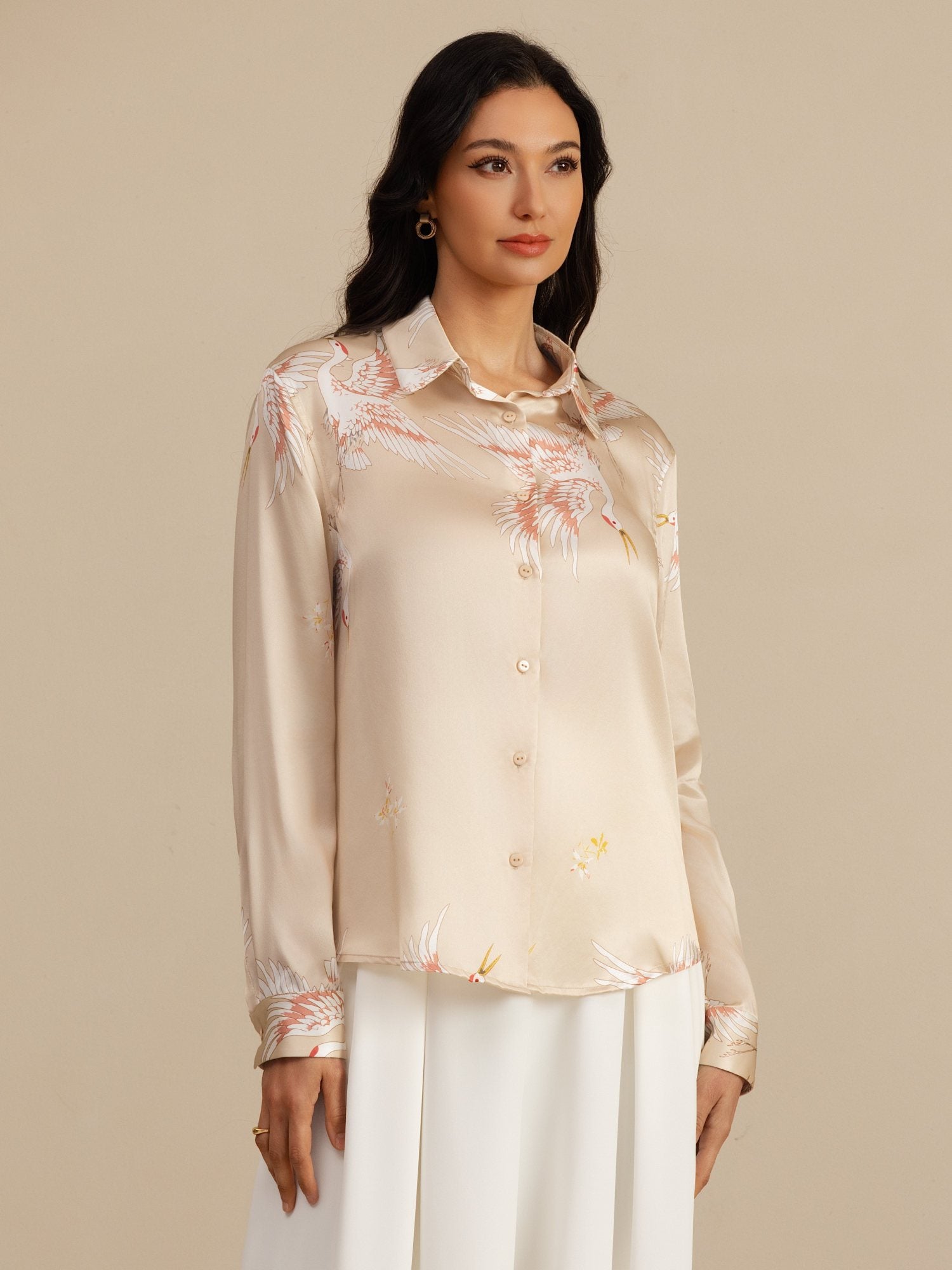 [Champagne] SilkSilky  19Momme Long Sleeve Lapel Collar Women's Shirt 001