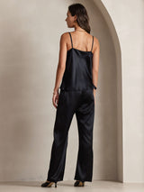 [Black] SilkSilky  19Momme Stretch Silk Charmeuse Spaghetti Strap Cowl Neck Camisole Top 002