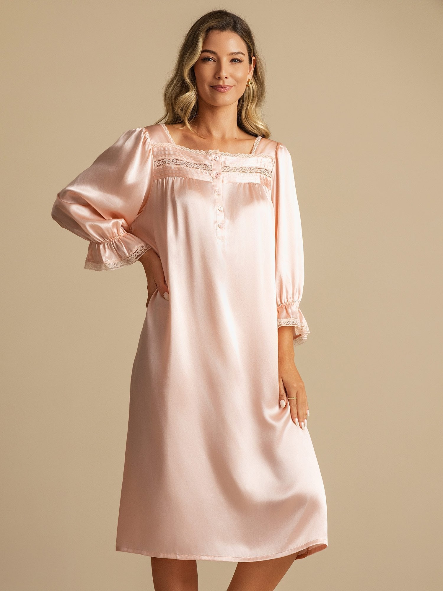 [LightPink] SilkSilky Pure Silk Square Neck Nightgown 003