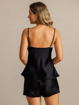 [Black] SilkSilky Spaghetti Strap V Neck Camisole Set 002
