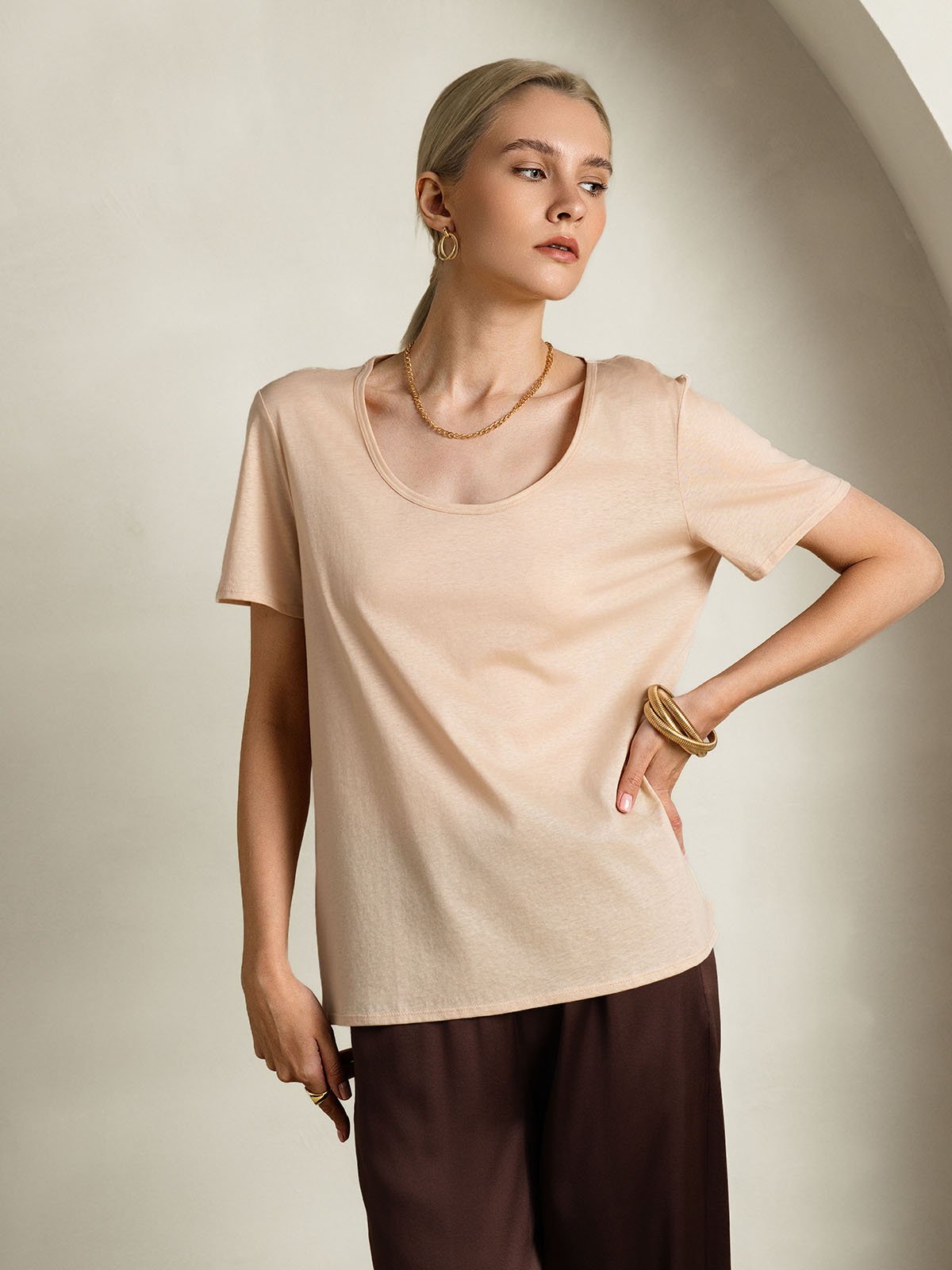 SilkSilky Silk Blend Short Sleeve U Neck Women's T-Shirt Beige 004